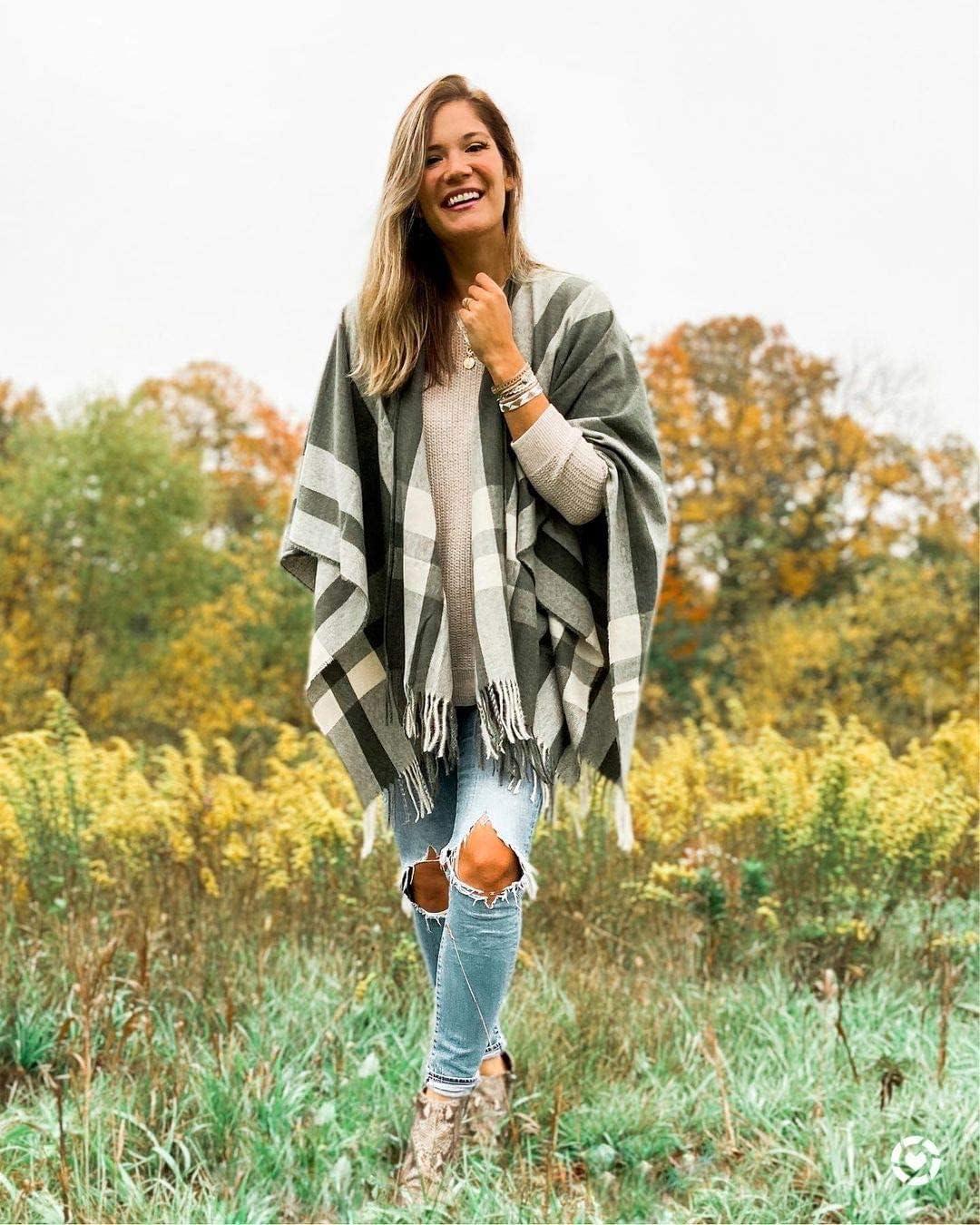 imageMoss Rose Womens Travel Plaid Shawl Wrap Open Front Poncho Cape for Fall WinterB Olive