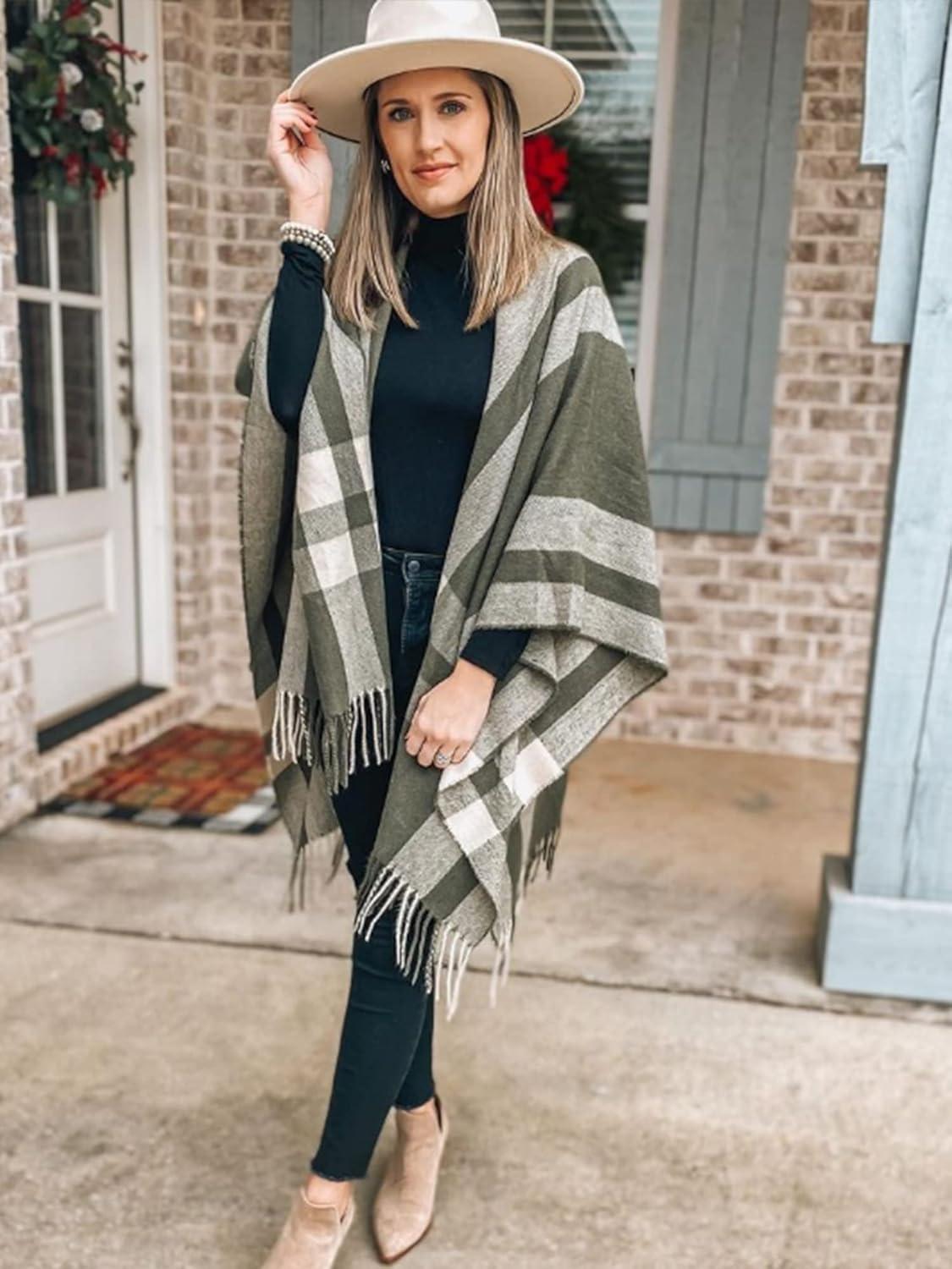 imageMoss Rose Womens Travel Plaid Shawl Wrap Open Front Poncho Cape for Fall WinterB Olive