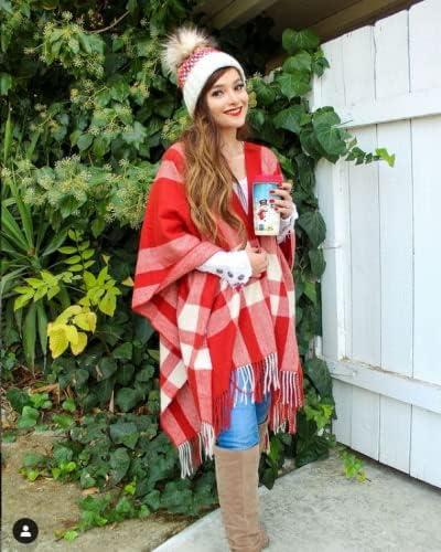imageMoss Rose Womens Travel Plaid Shawl Wrap Open Front Poncho Cape for Fall WinterB Red
