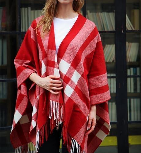 imageMoss Rose Womens Travel Plaid Shawl Wrap Open Front Poncho Cape for Fall WinterB Red