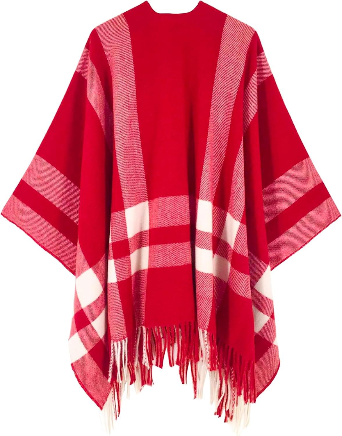 imageMoss Rose Womens Travel Plaid Shawl Wrap Open Front Poncho Cape for Fall WinterB Red