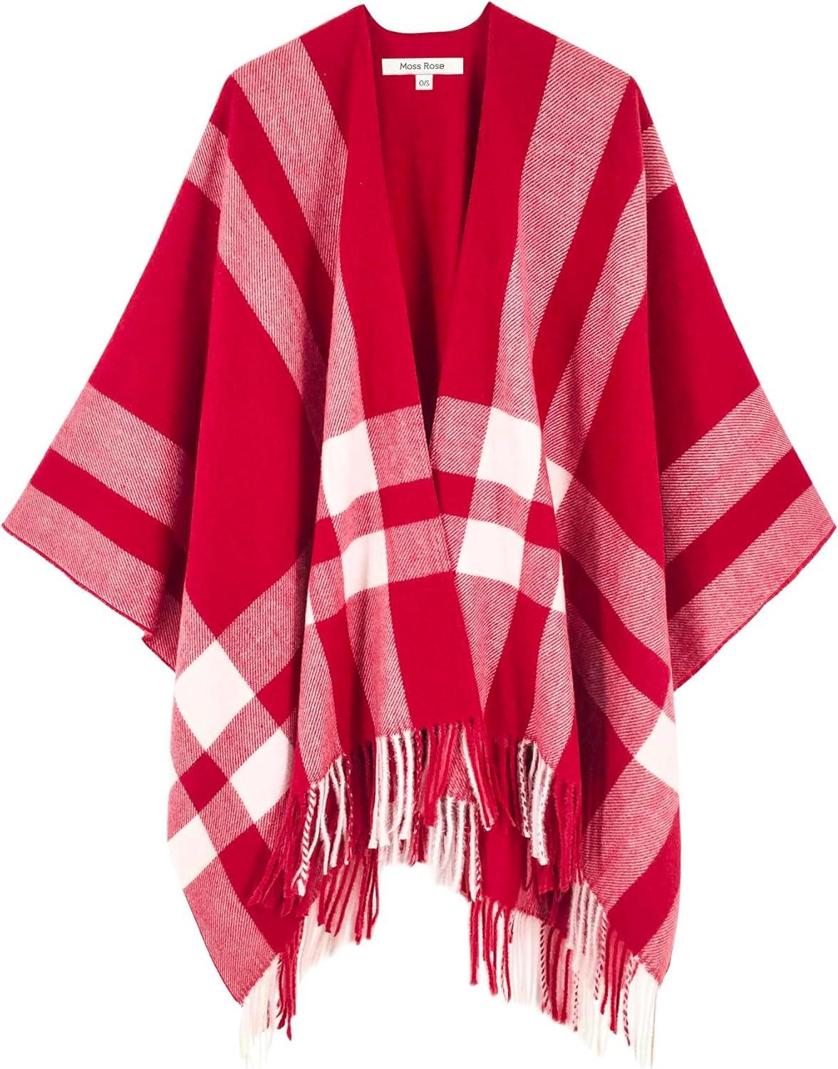 imageMoss Rose Womens Travel Plaid Shawl Wrap Open Front Poncho Cape for Fall WinterB Red