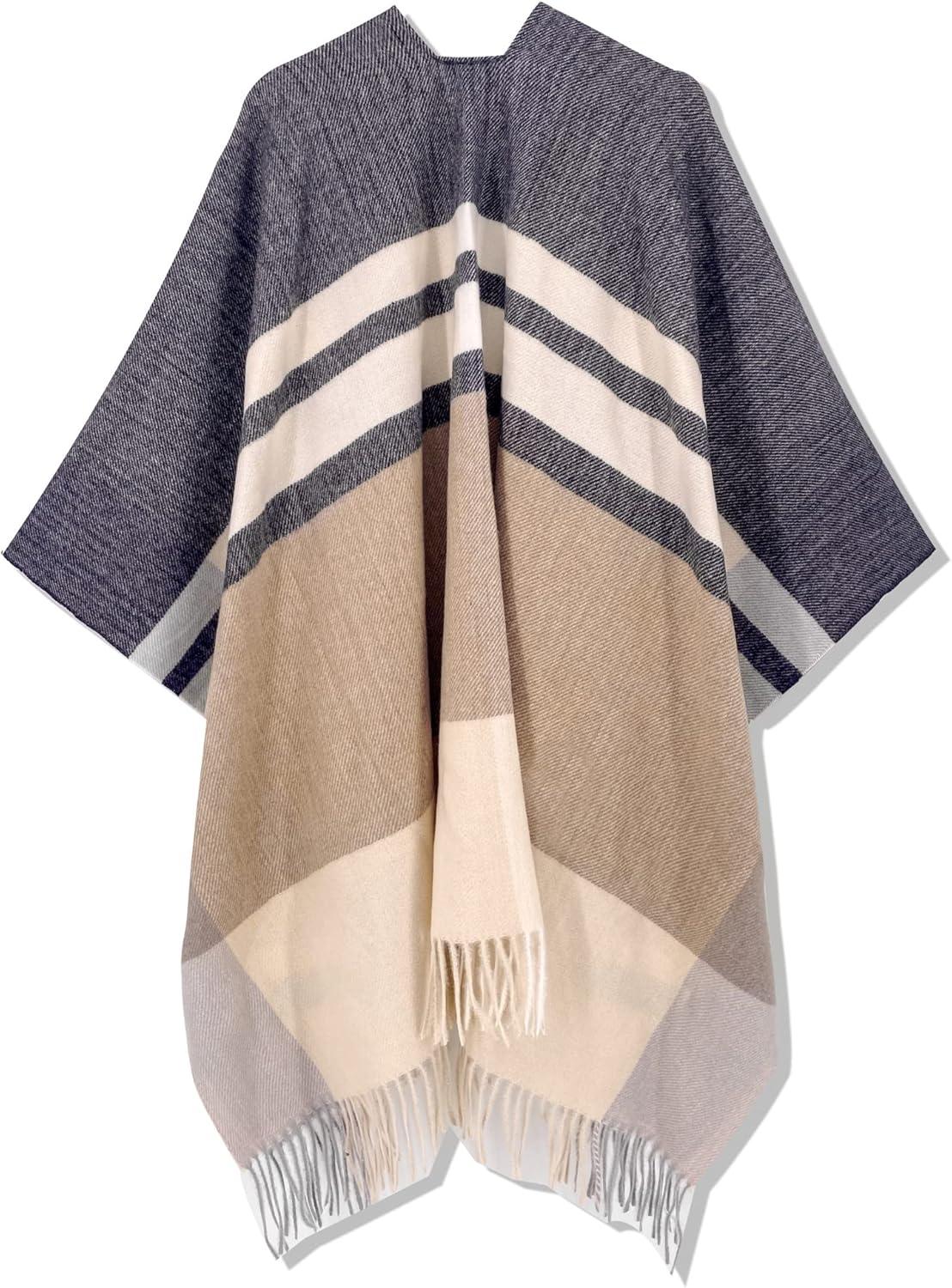 imageMoss Rose Womens Travel Plaid Shawl Wrap Open Front Poncho Cape for Fall WinterBeigekhaki