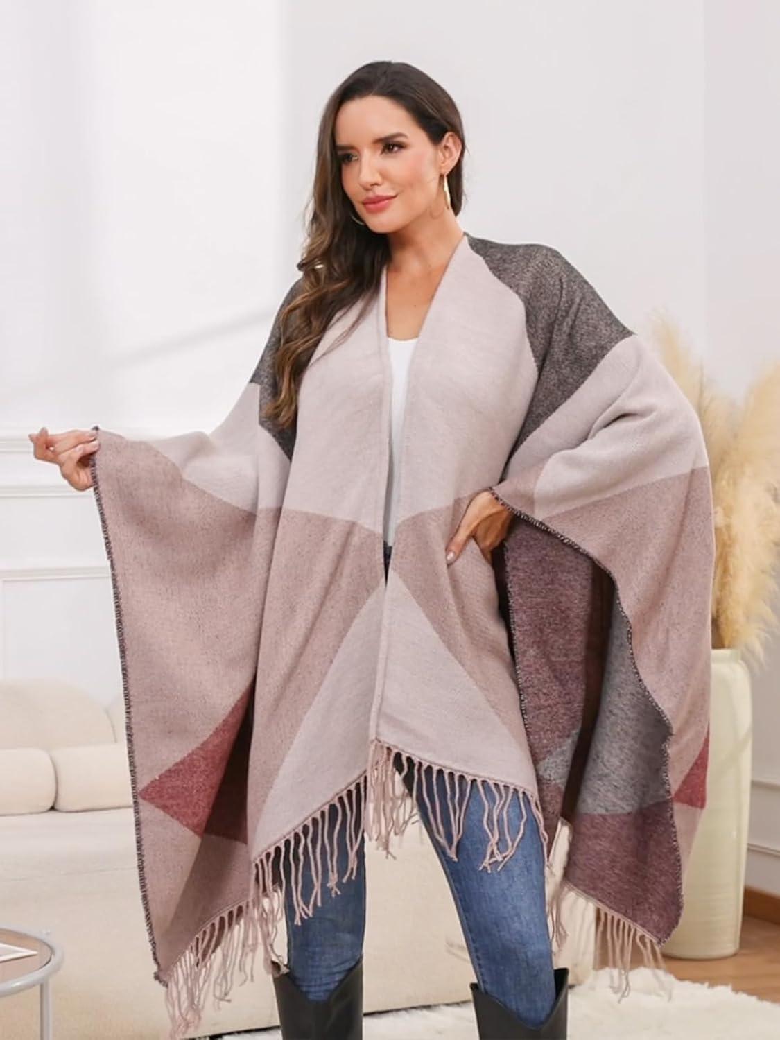 imageMoss Rose Womens Travel Plaid Shawl Wrap Open Front Poncho Cape for Fall WinterD Maroon Triangle