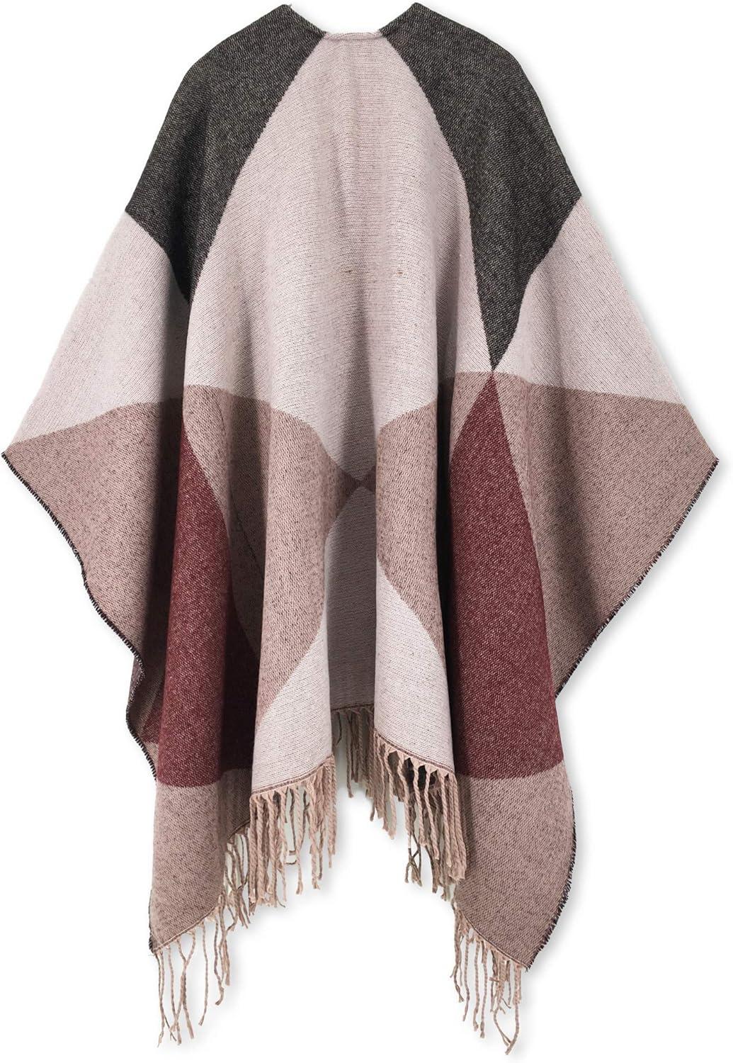 imageMoss Rose Womens Travel Plaid Shawl Wrap Open Front Poncho Cape for Fall WinterD Maroon Triangle