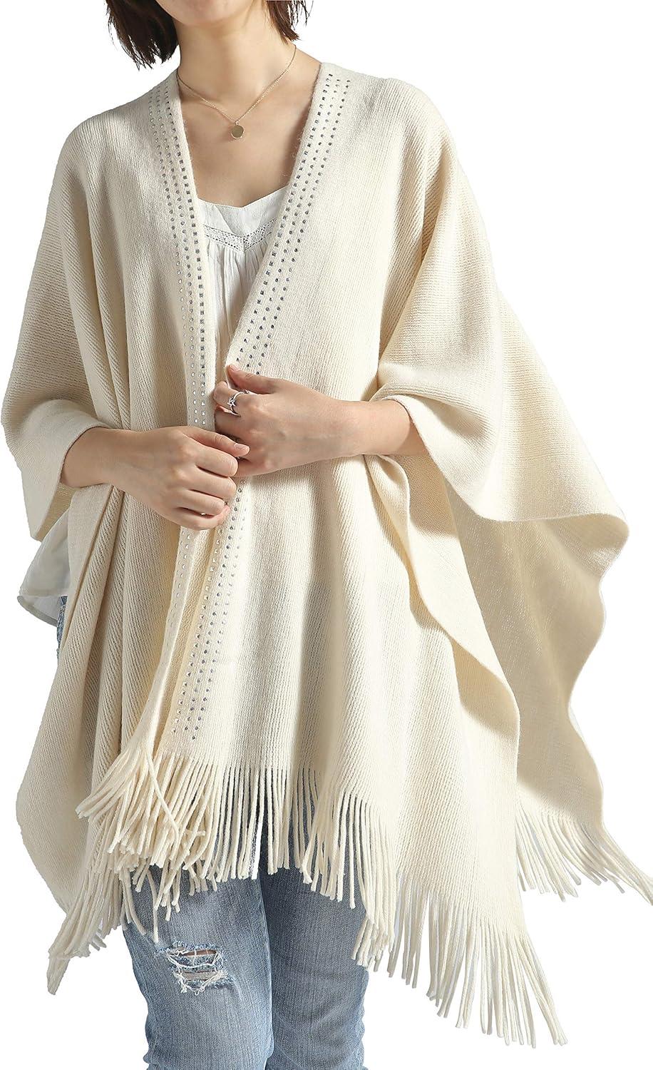 imageMoss Rose Womens Travel Plaid Shawl Wrap Open Front Poncho Cape for Fall WinterE Beige Rivets