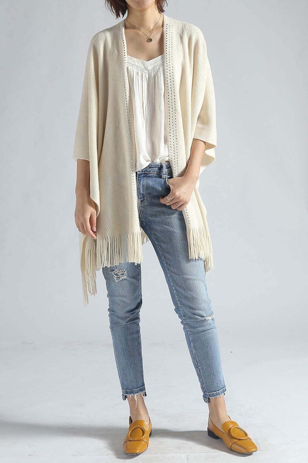 imageMoss Rose Womens Travel Plaid Shawl Wrap Open Front Poncho Cape for Fall WinterE Beige Rivets