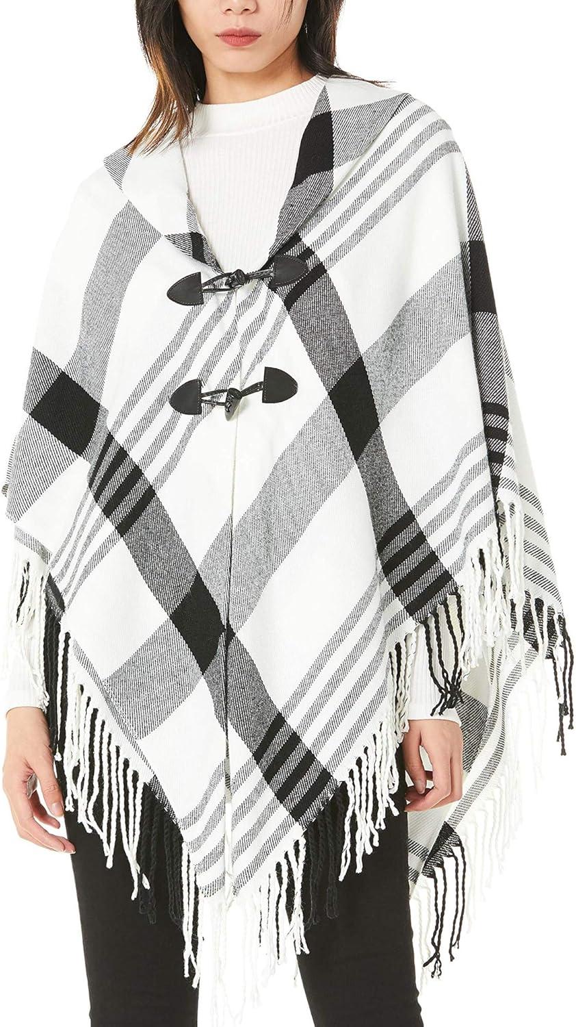 imageMoss Rose Womens Travel Plaid Shawl Wrap Open Front Poncho Cape for Fall WinterE Black Grid