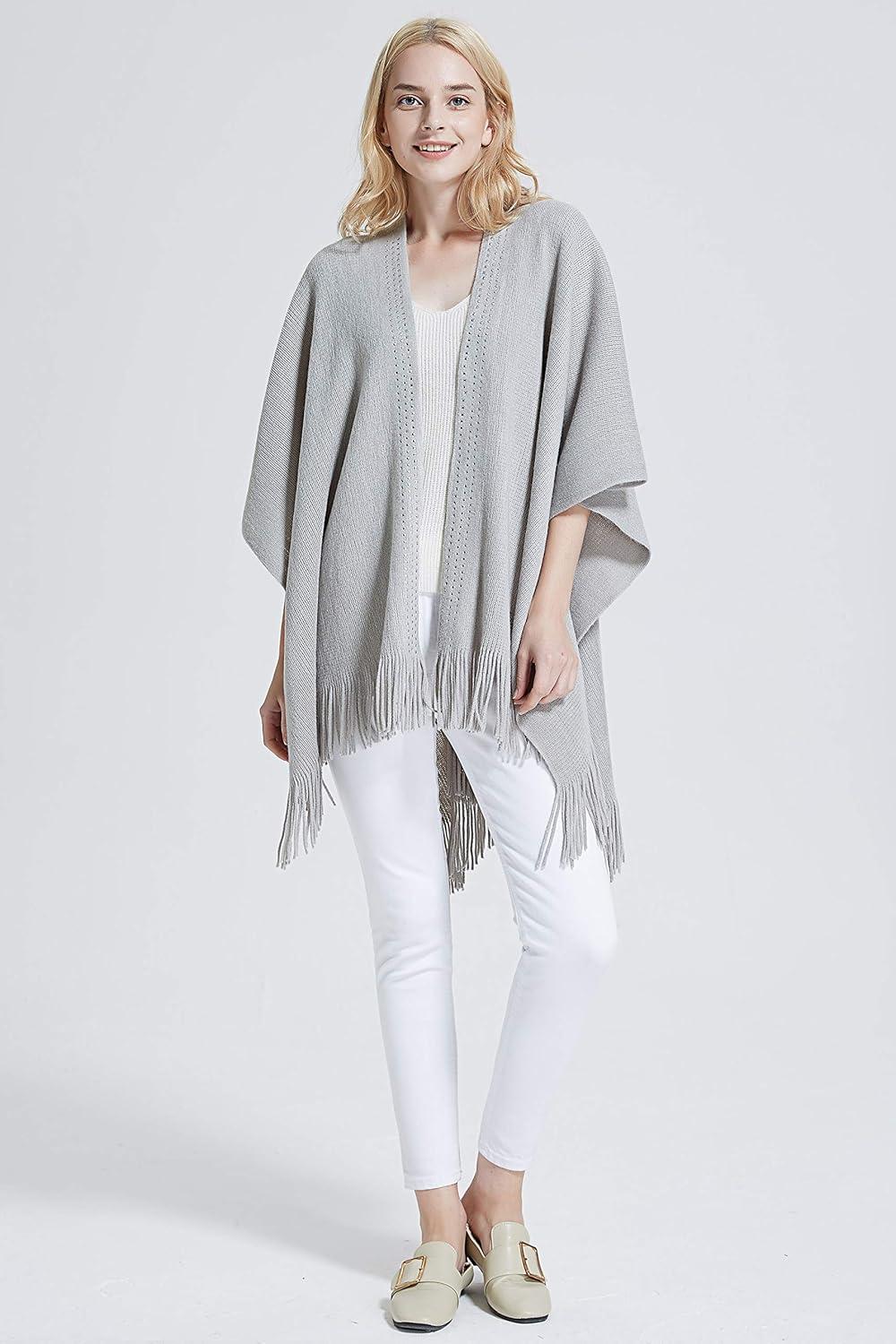 imageMoss Rose Womens Travel Plaid Shawl Wrap Open Front Poncho Cape for Fall WinterE Grey Rivets