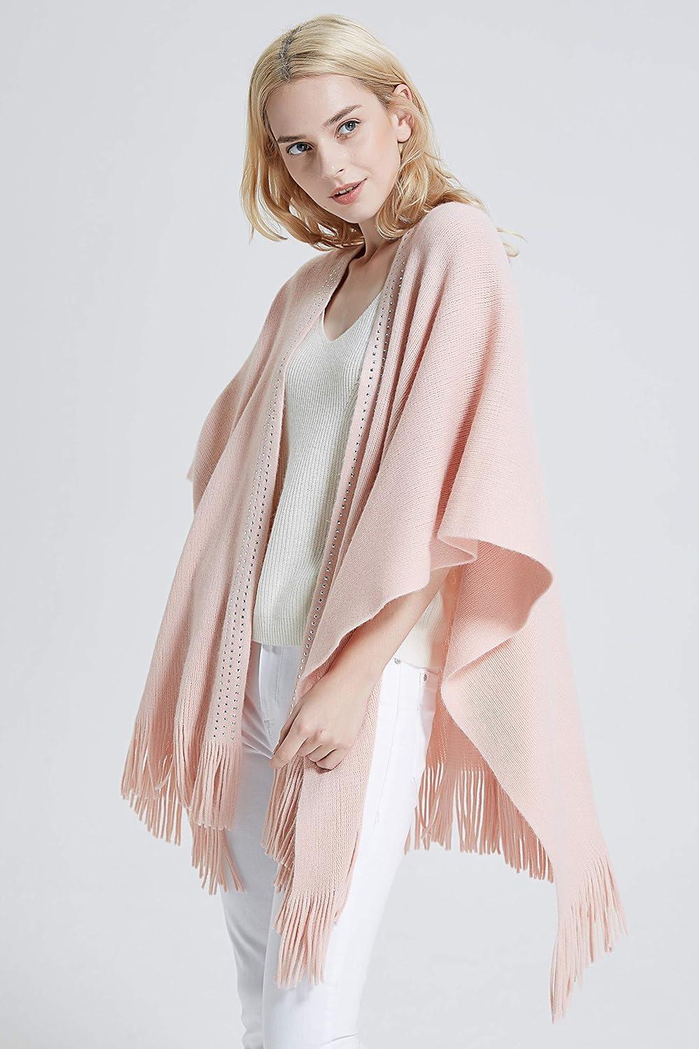 imageMoss Rose Womens Travel Plaid Shawl Wrap Open Front Poncho Cape for Fall WinterE Pink Rivets