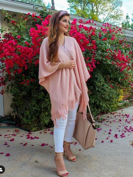 imageMoss Rose Womens Travel Plaid Shawl Wrap Open Front Poncho Cape for Fall WinterE Pink Rivets
