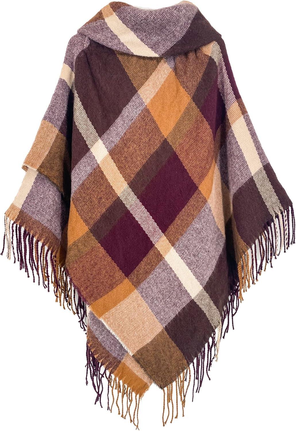 imageMoss Rose Womens Travel Plaid Shawl Wrap Open Front Poncho Cape for Fall WinterFs Deep Crimson