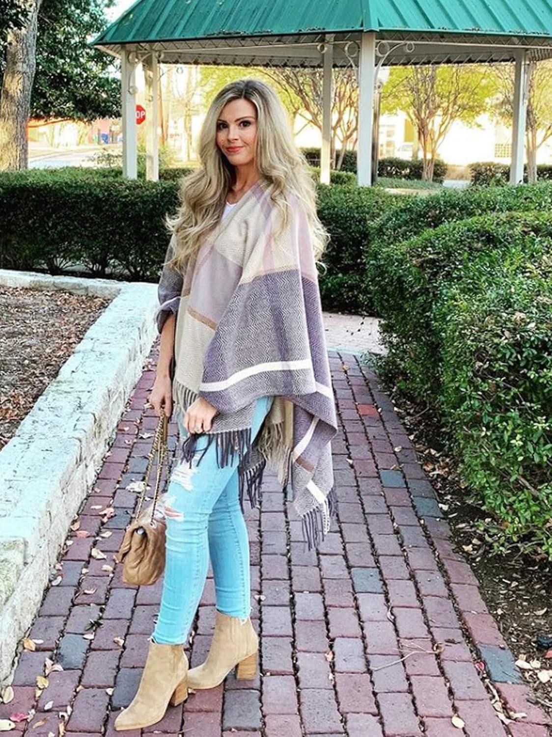 imageMoss Rose Womens Travel Plaid Shawl Wrap Open Front Poncho Cape for Fall WinterG Cupcake