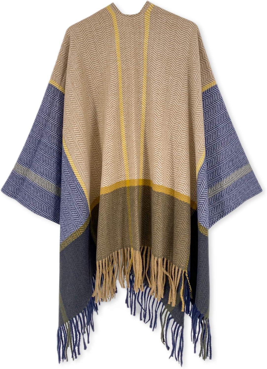 imageMoss Rose Womens Travel Plaid Shawl Wrap Open Front Poncho Cape for Fall WinterG Khaki and Blue Plaid