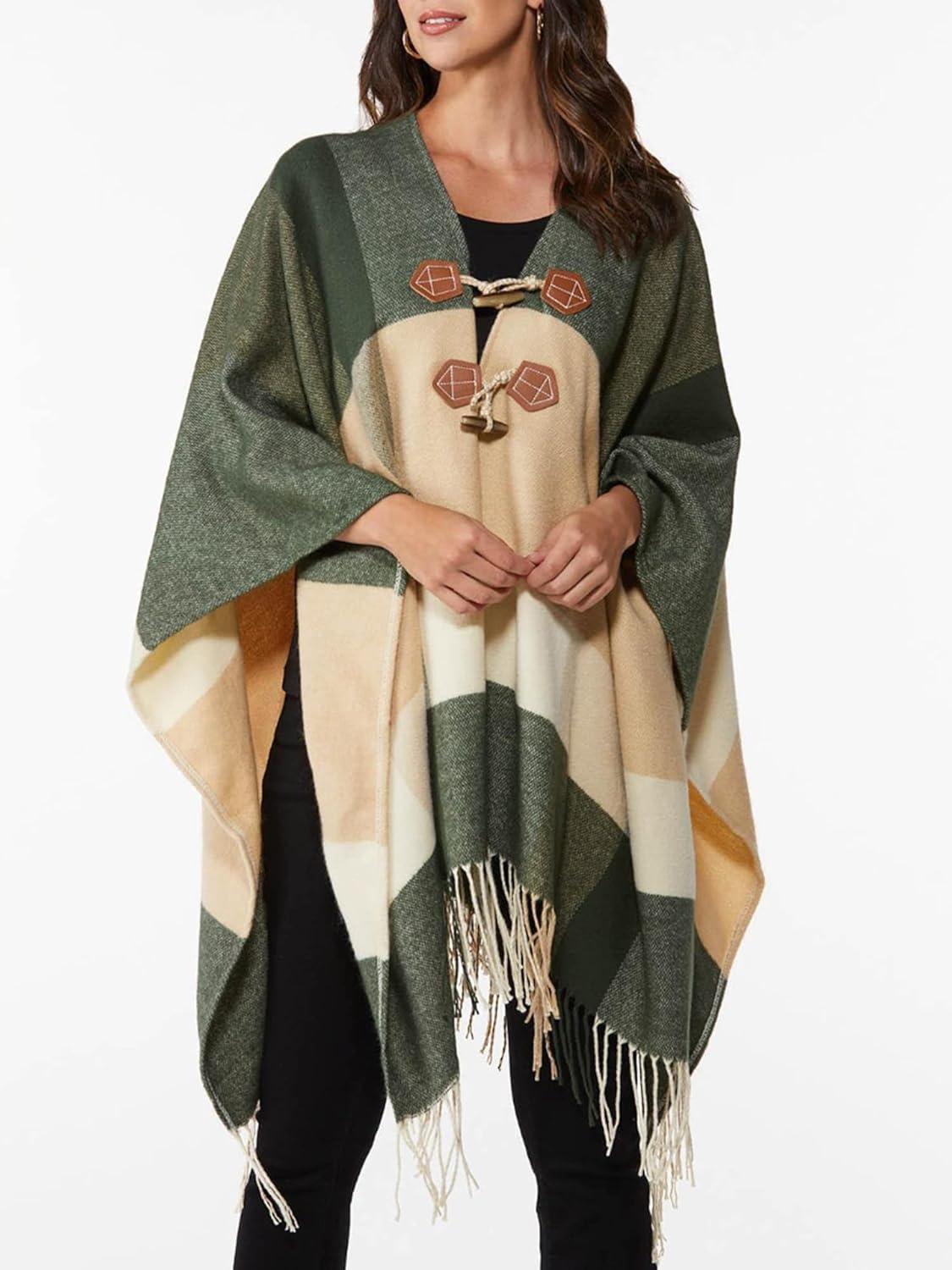 imageMoss Rose Womens Travel Plaid Shawl Wrap Open Front Poncho Cape for Fall WinterGreen Plaid