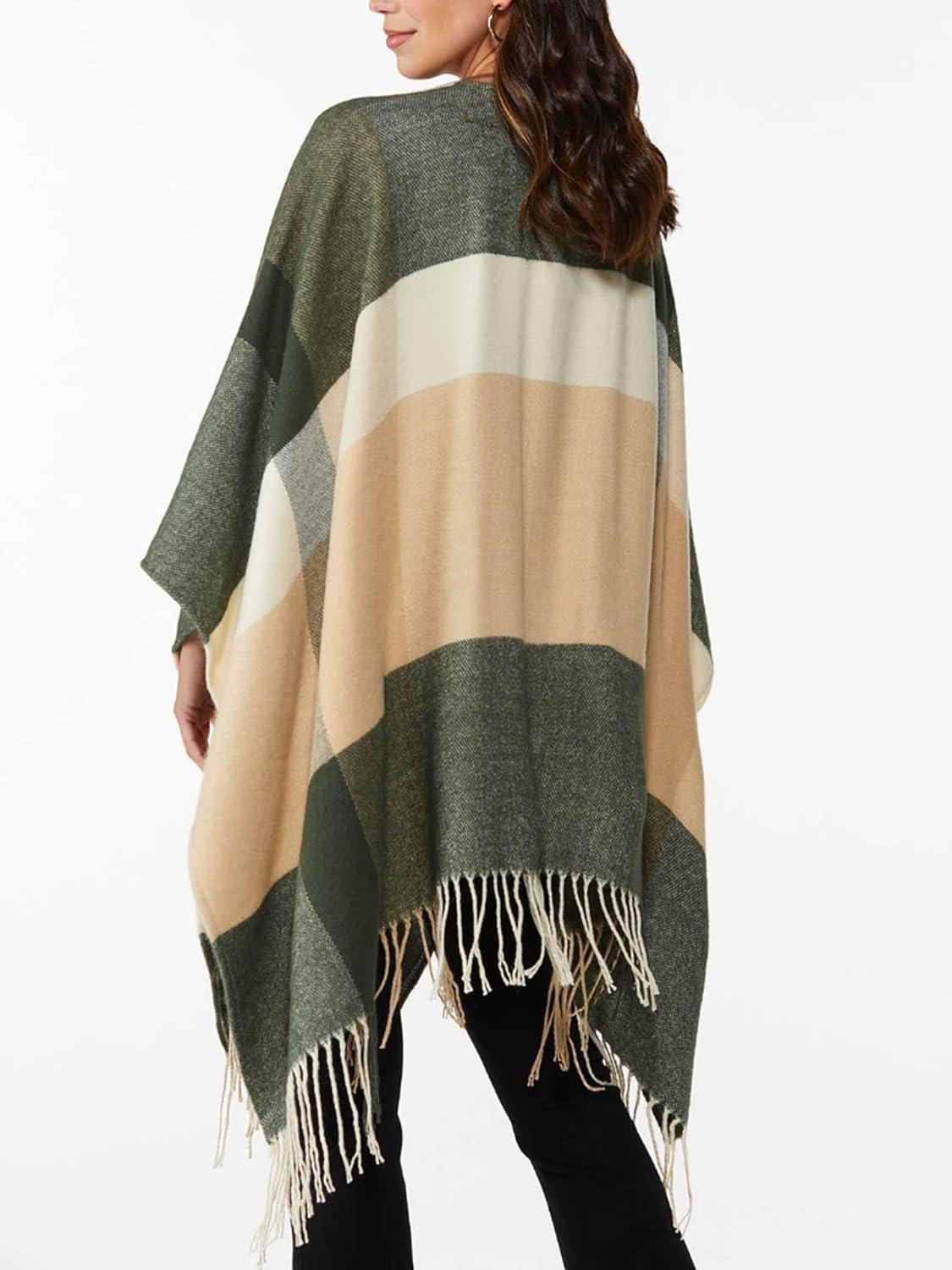 imageMoss Rose Womens Travel Plaid Shawl Wrap Open Front Poncho Cape for Fall WinterGreen Plaid