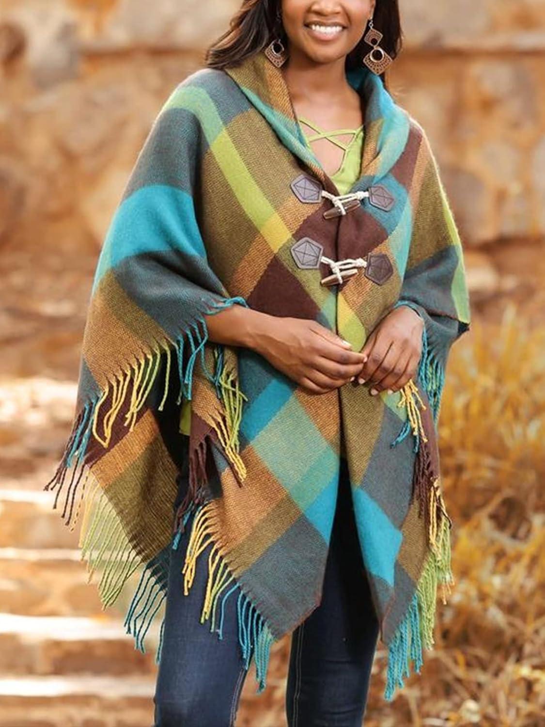 imageMoss Rose Womens Travel Plaid Shawl Wrap Open Front Poncho Cape for Fall WinterMulticolored