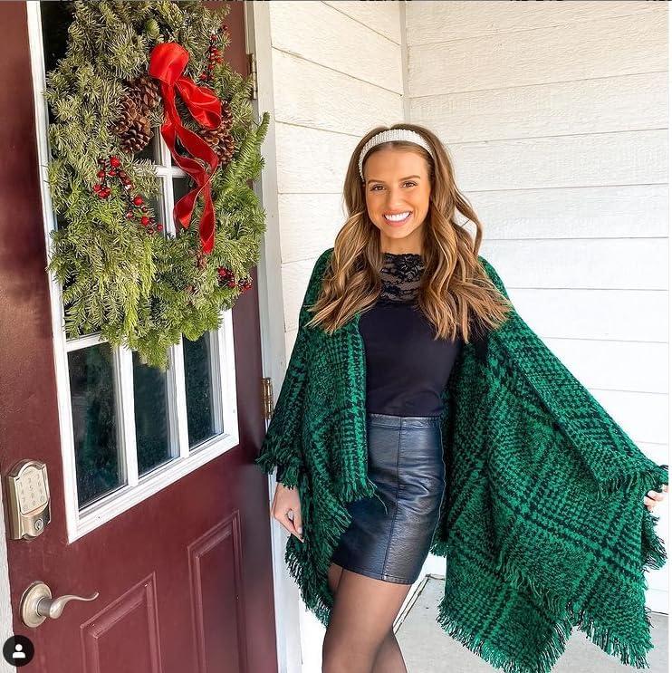 imageMoss Rose Womens Travel Plaid Shawl Wrap Open Front Poncho Cape for Fall WinterQ Green Checks