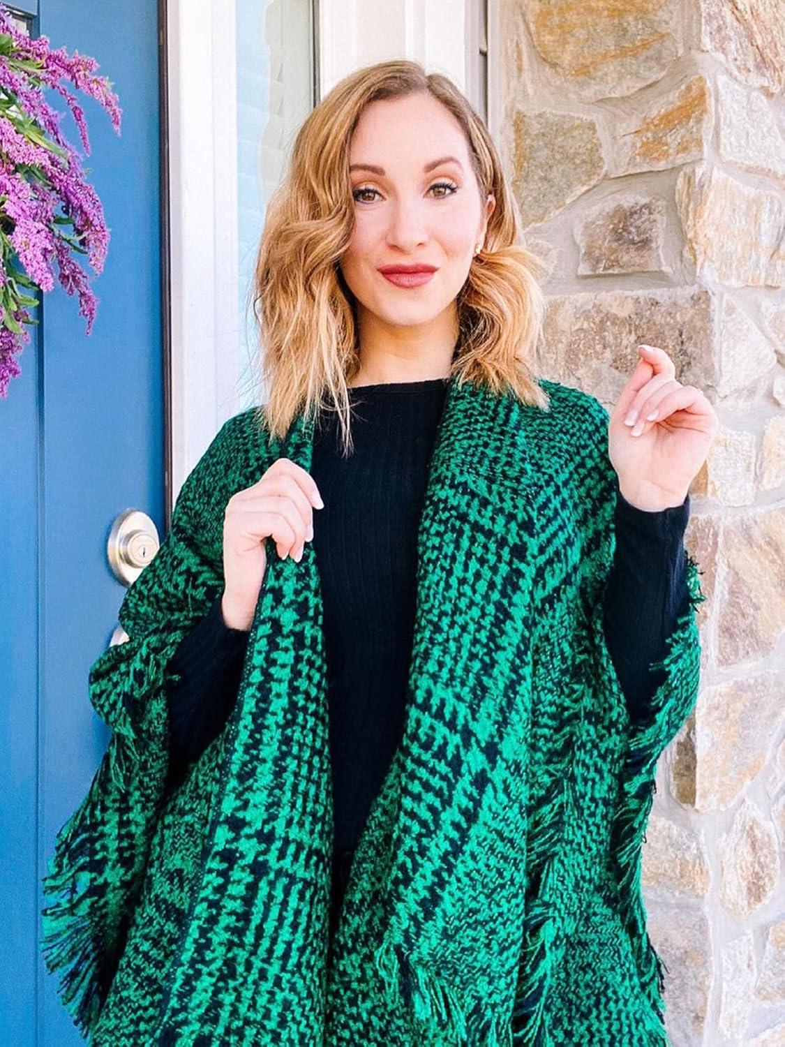 imageMoss Rose Womens Travel Plaid Shawl Wrap Open Front Poncho Cape for Fall WinterQ Green Checks