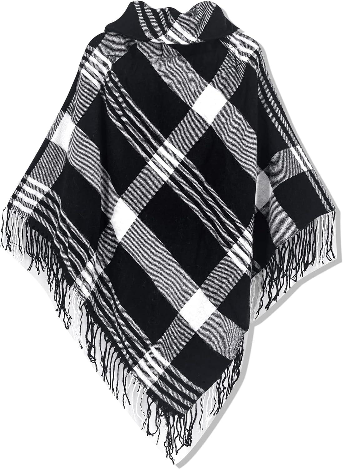 imageMoss Rose Womens Travel Plaid Shawl Wrap Open Front Poncho Cape for Fall WinterWhite Black