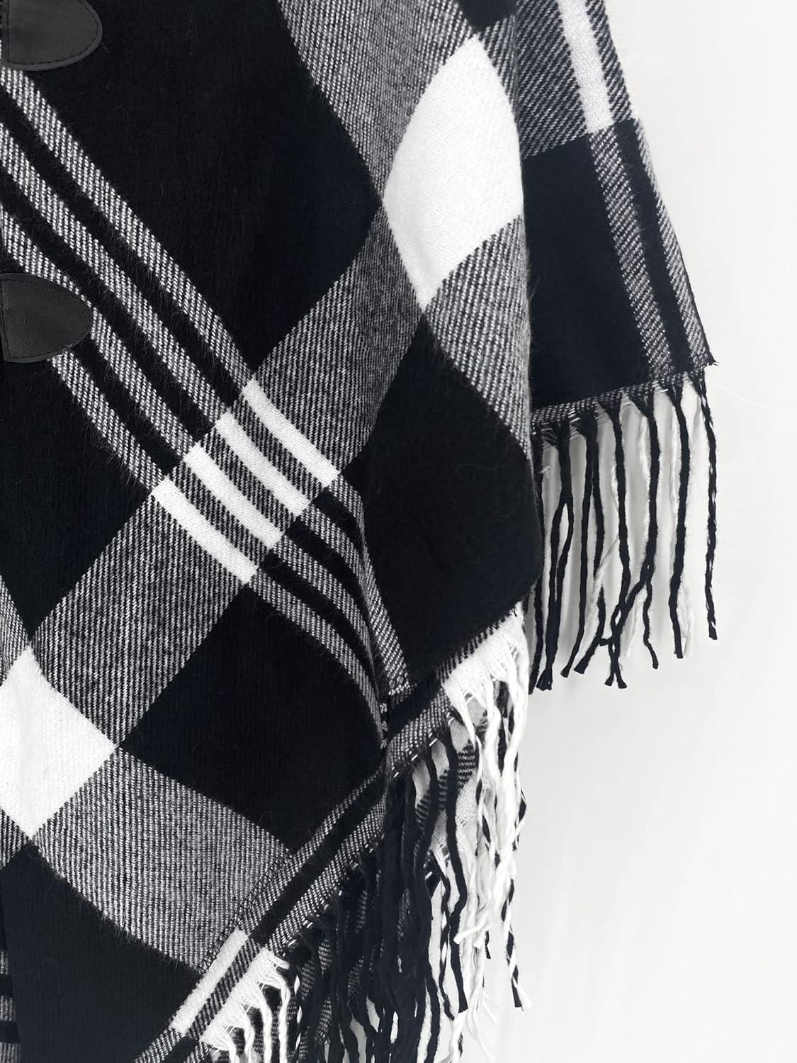 imageMoss Rose Womens Travel Plaid Shawl Wrap Open Front Poncho Cape for Fall WinterWhite Black