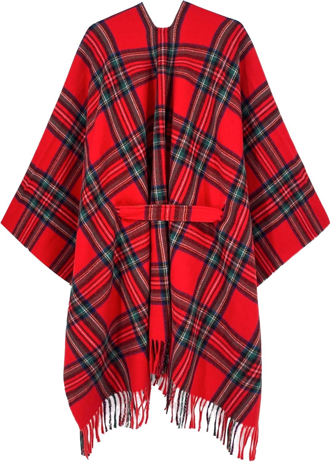 imageMoss Rose Womens Travel Plaid Shawl Wrap Open Front Poncho Cape for Fall WinterZ Plaid Red