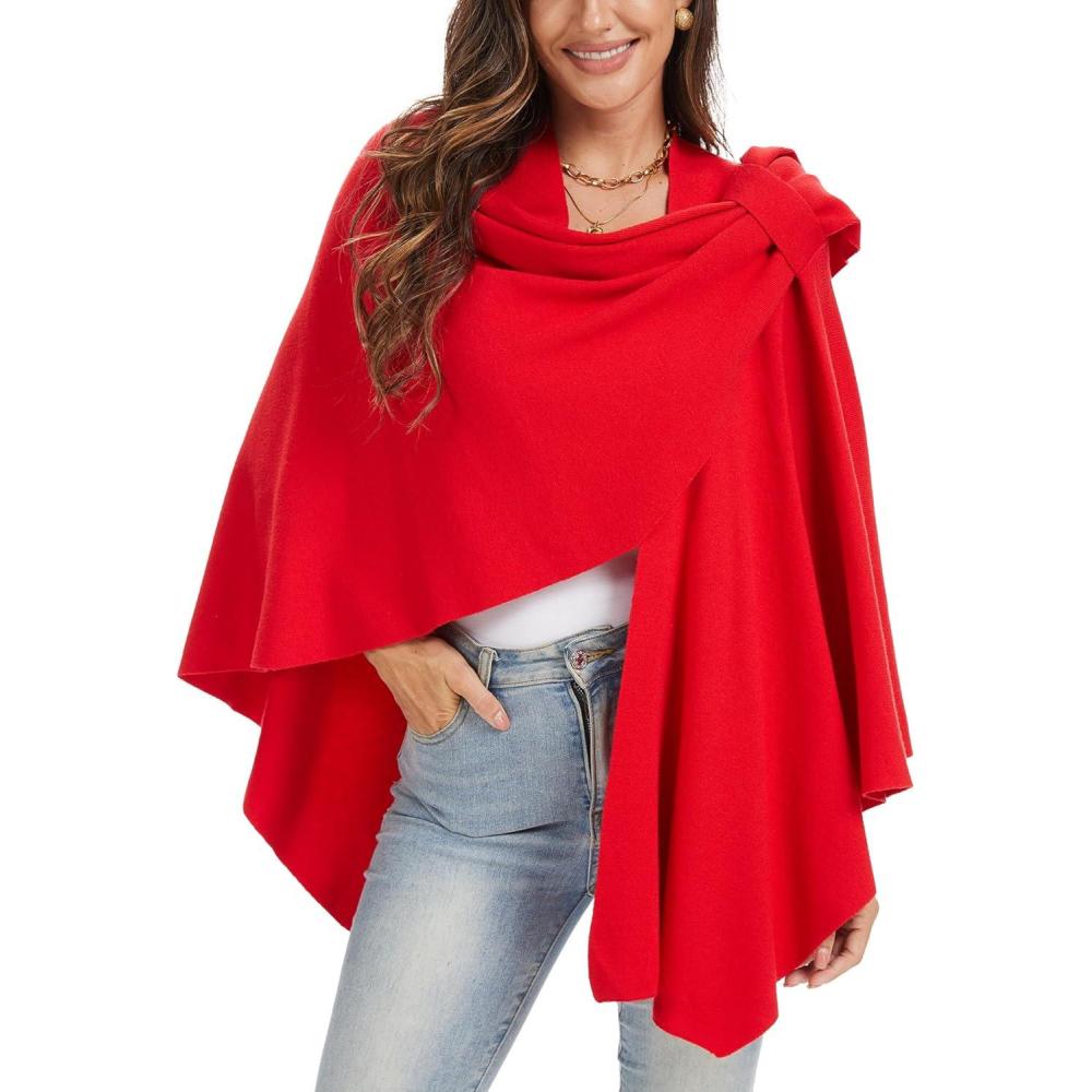 imageMoss Rose Womens Large Cross Front Poncho Sweater Wrap Topper Knitted Elegant Shawls Cape for Fall WinterAred