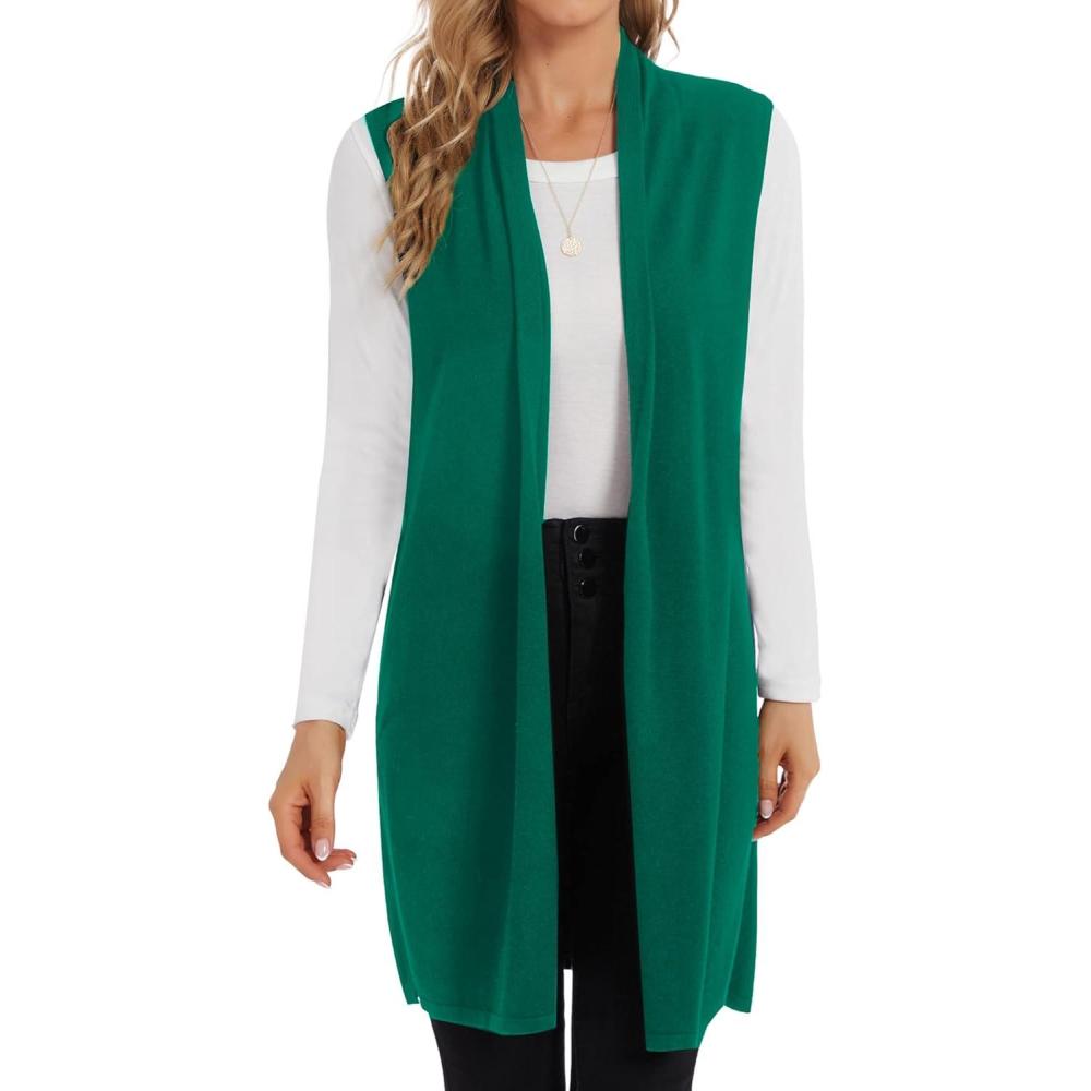imageMoss Rose Womens Long Knit Cardigan Vest Casual Sleeveless Open Front Draped Duster Vest Available in Plus SizeGreen