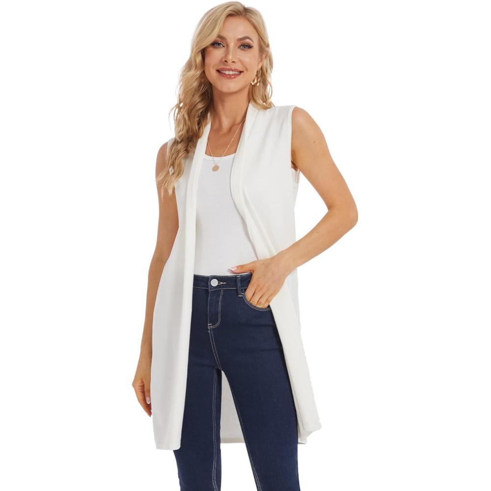 imageMoss Rose Womens Long Knit Cardigan Vest Casual Sleeveless Open Front Draped Duster Vest Available in Plus SizeIvory