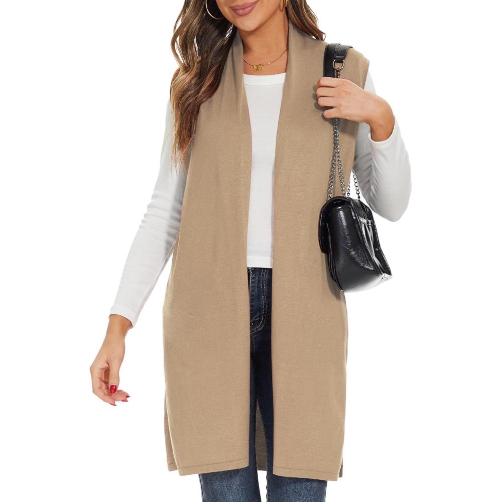 imageMoss Rose Womens Long Knit Cardigan Vest Casual Sleeveless Open Front Draped Duster Vest Available in Plus SizeKhaki