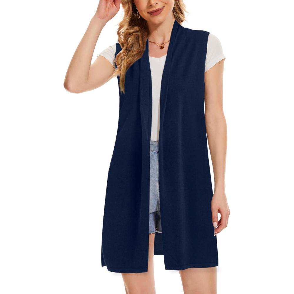 imageMoss Rose Womens Long Knit Cardigan Vest Casual Sleeveless Open Front Draped Duster Vest Available in Plus SizeNavy
