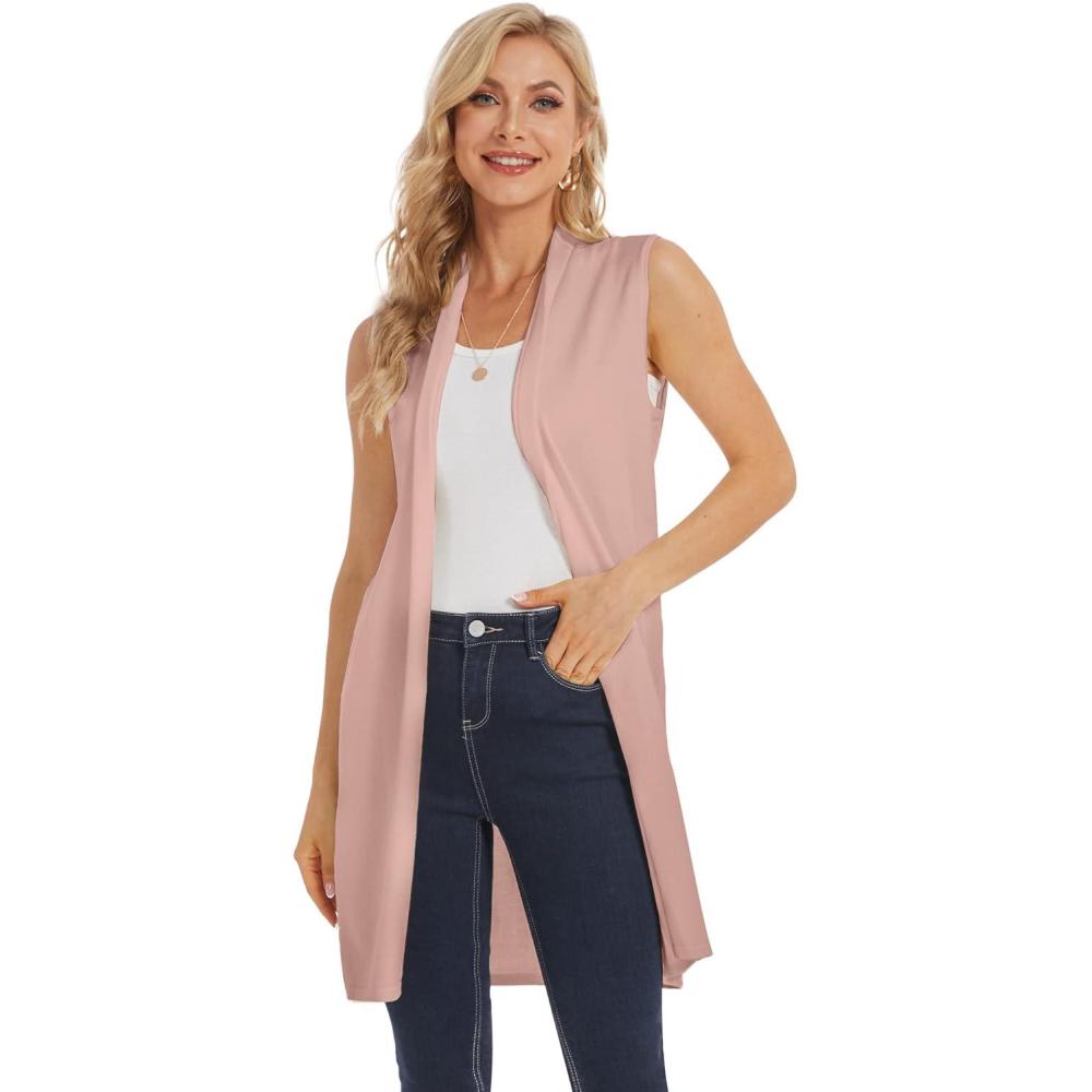 imageMoss Rose Womens Long Knit Cardigan Vest Casual Sleeveless Open Front Draped Duster Vest Available in Plus SizePink
