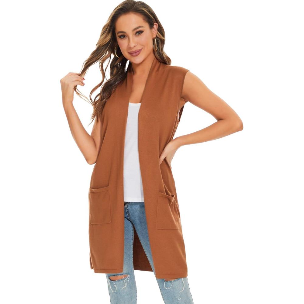 imageMoss Rose Womens Long Knit Cardigan Vest Casual Sleeveless Open Front Draped Duster Vest Available in Plus SizePocketorange
