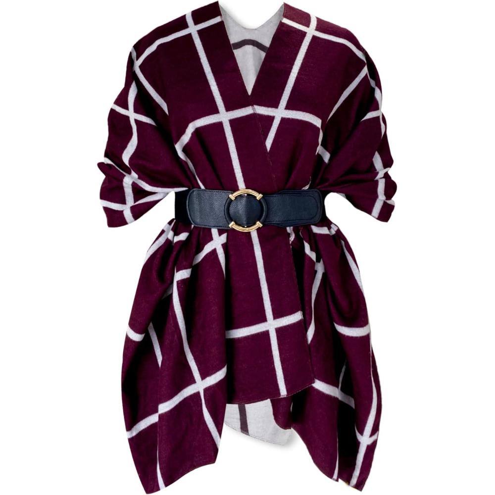 imageMoss Rose Womens Shawl Wrap Poncho Ruana Cape Open Front Cardigan Shawls for Fall WinterA Wine and White With Belt