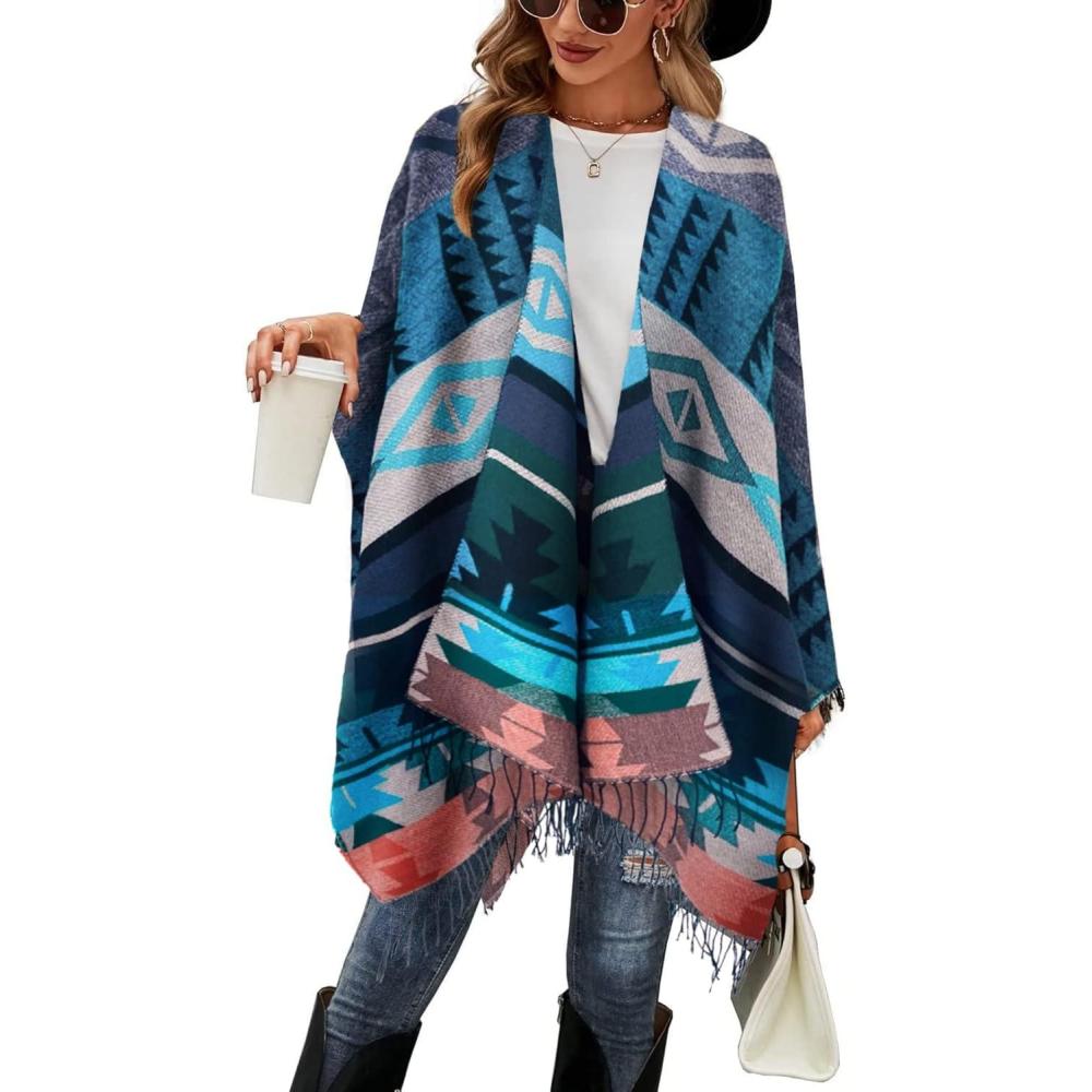 imageMoss Rose Womens Shawl Wrap Poncho Ruana Cape Open Front Cardigan Shawls for Fall WinterZ Blue
