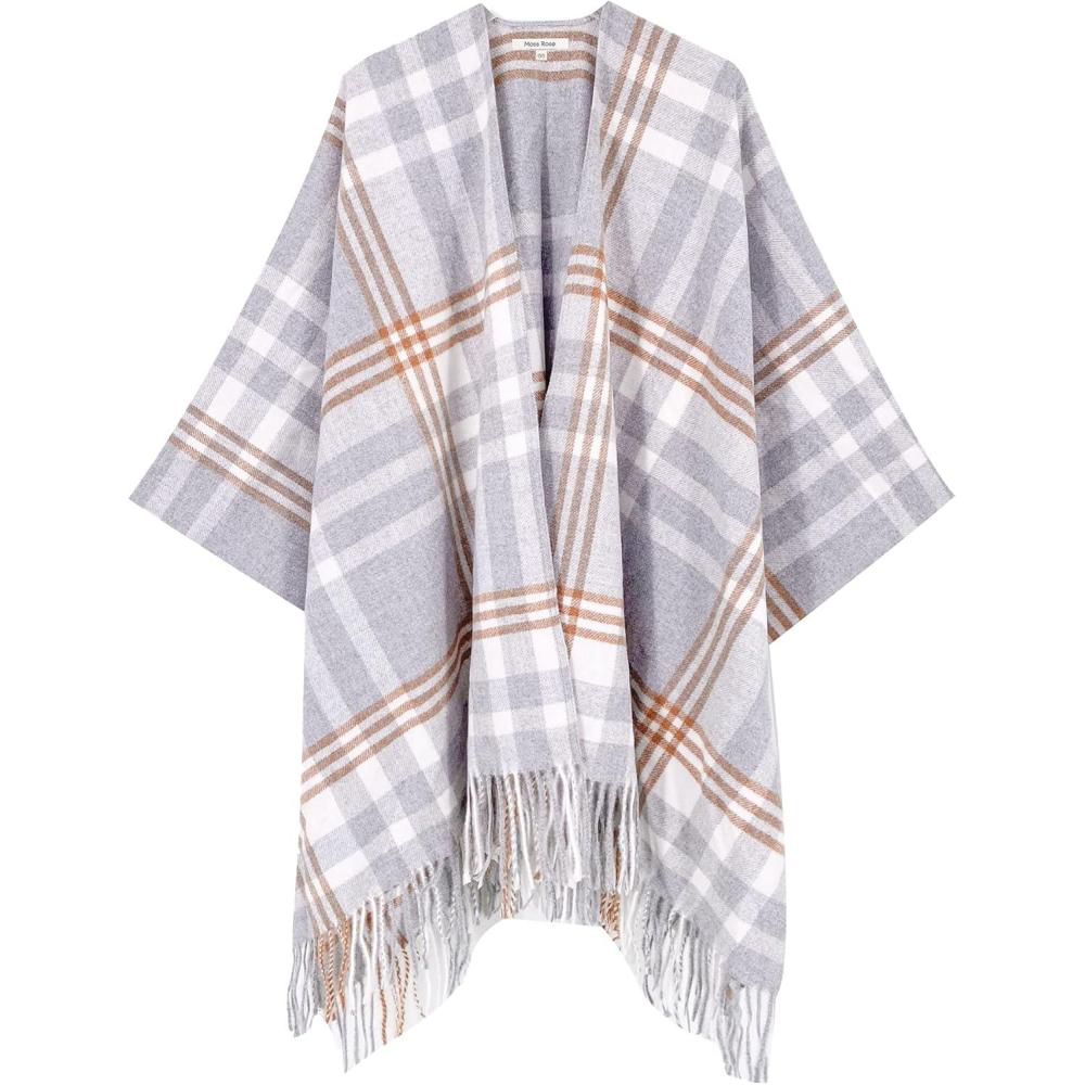 imageMoss Rose Womens Travel Plaid Shawl Wrap Open Front Poncho Cape for Fall WinterA Glacier Grey