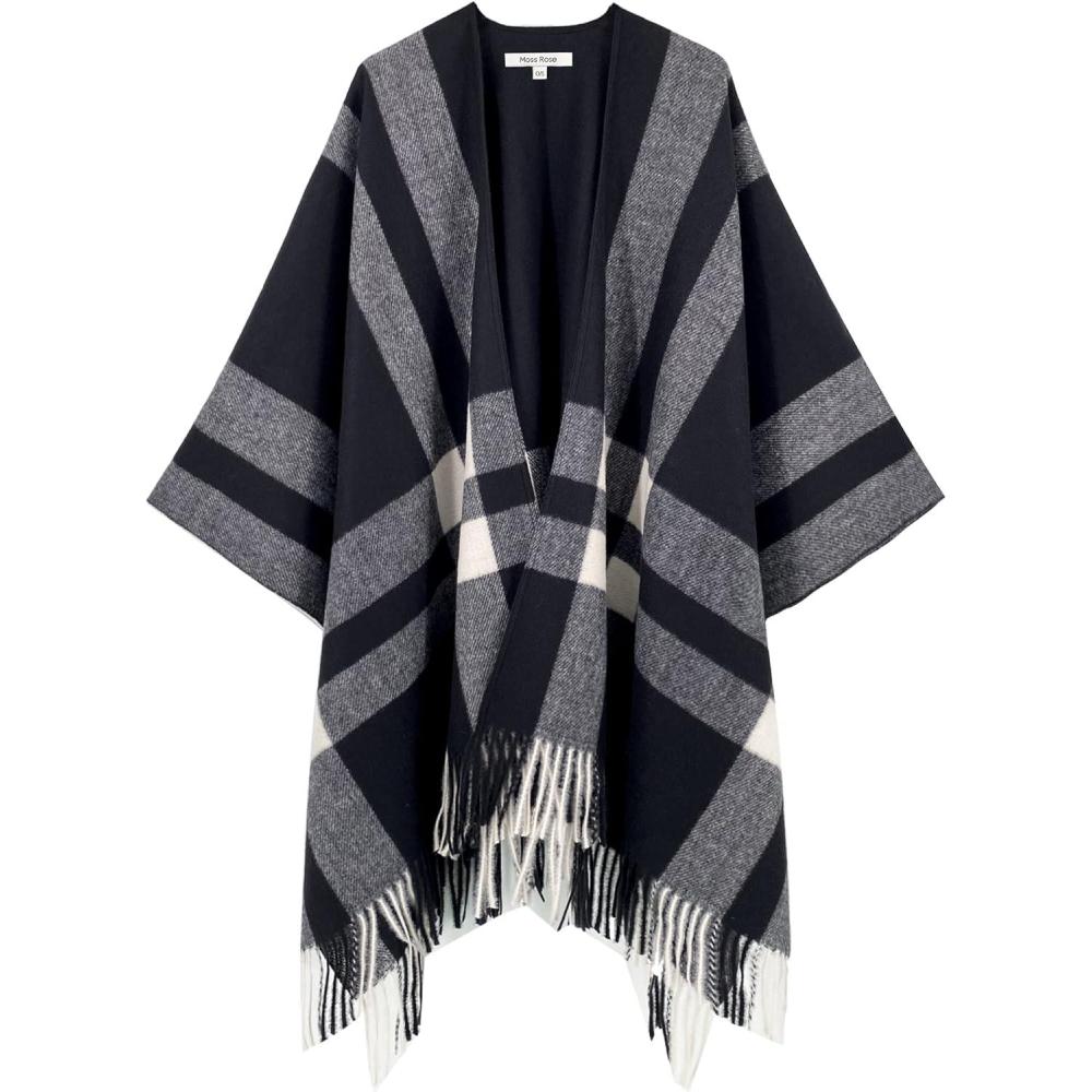 imageMoss Rose Womens Travel Plaid Shawl Wrap Open Front Poncho Cape for Fall WinterB Midnight Beige