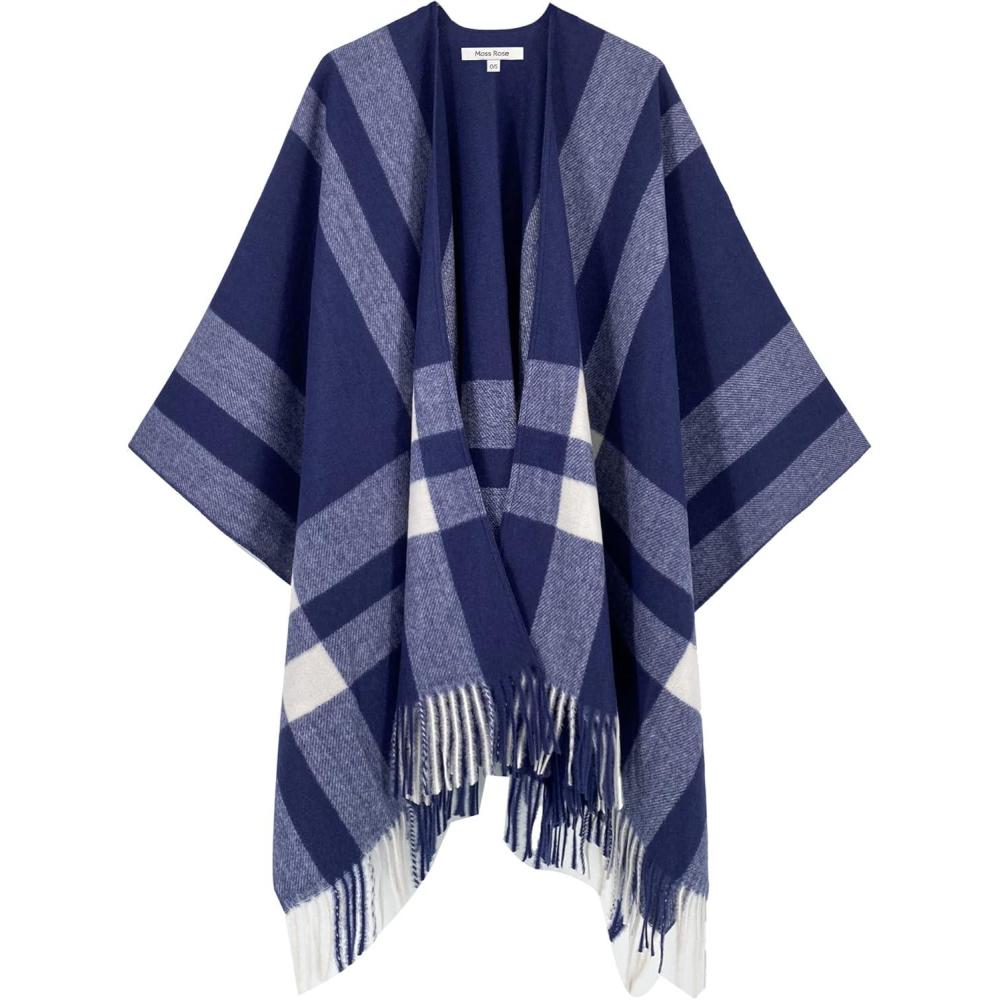 imageMoss Rose Womens Travel Plaid Shawl Wrap Open Front Poncho Cape for Fall WinterB Navy Blue