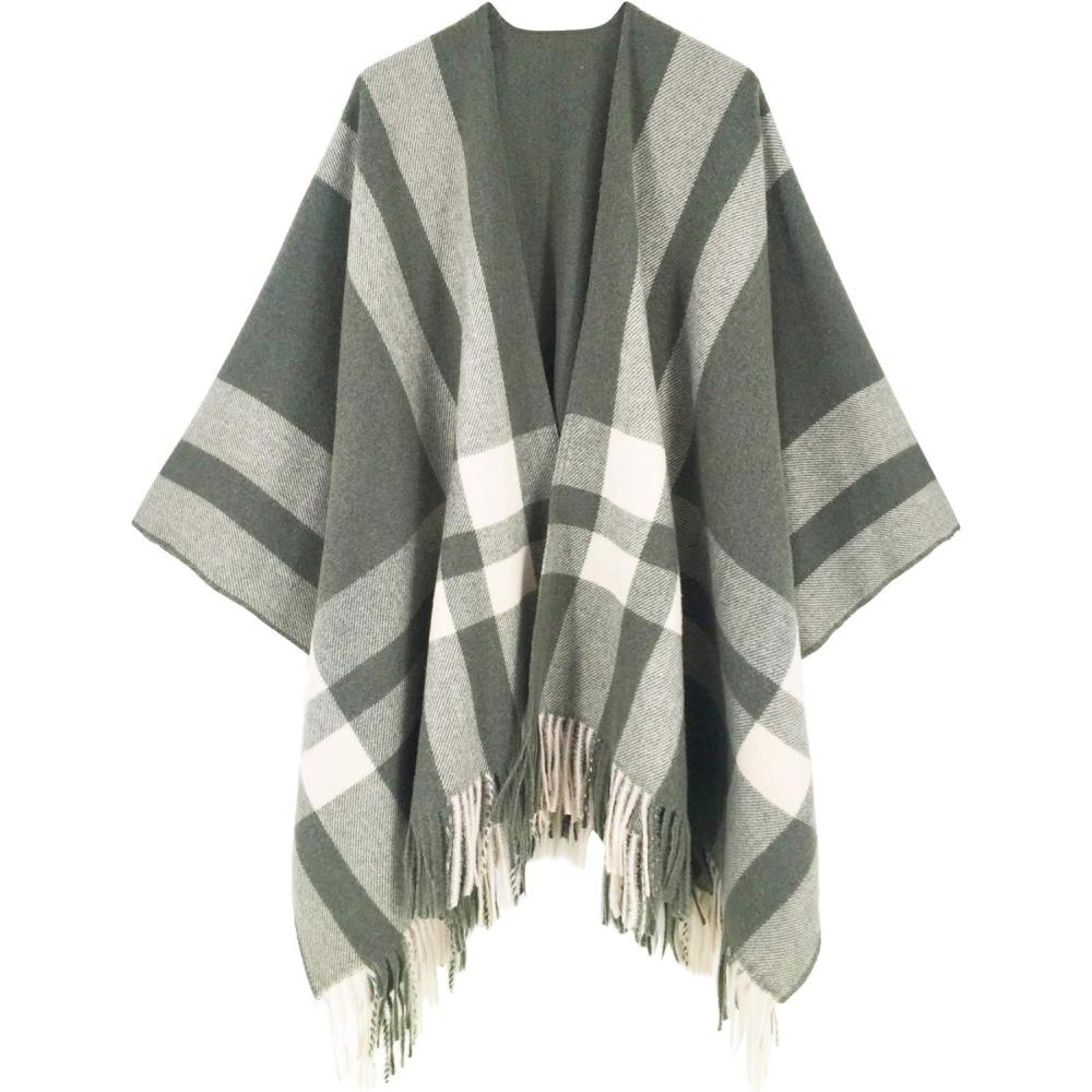 imageMoss Rose Womens Travel Plaid Shawl Wrap Open Front Poncho Cape for Fall WinterB Olive