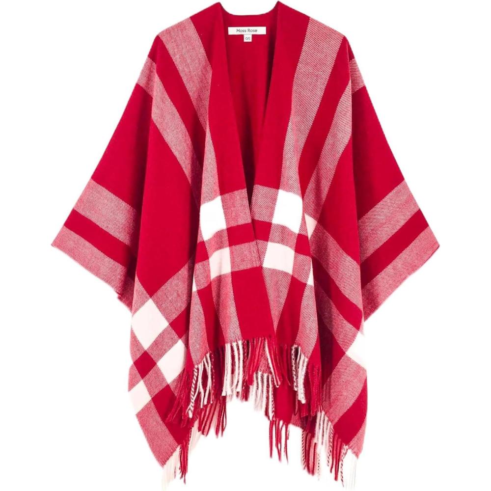 imageMoss Rose Womens Travel Plaid Shawl Wrap Open Front Poncho Cape for Fall WinterB Red