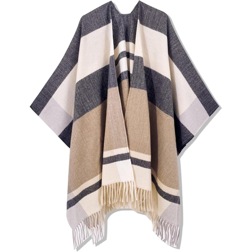 imageMoss Rose Womens Travel Plaid Shawl Wrap Open Front Poncho Cape for Fall WinterBeigekhaki