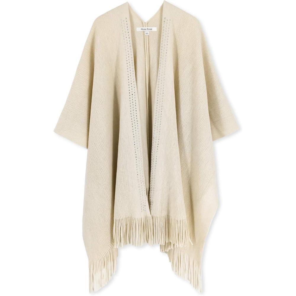 imageMoss Rose Womens Travel Plaid Shawl Wrap Open Front Poncho Cape for Fall WinterE Beige Rivets