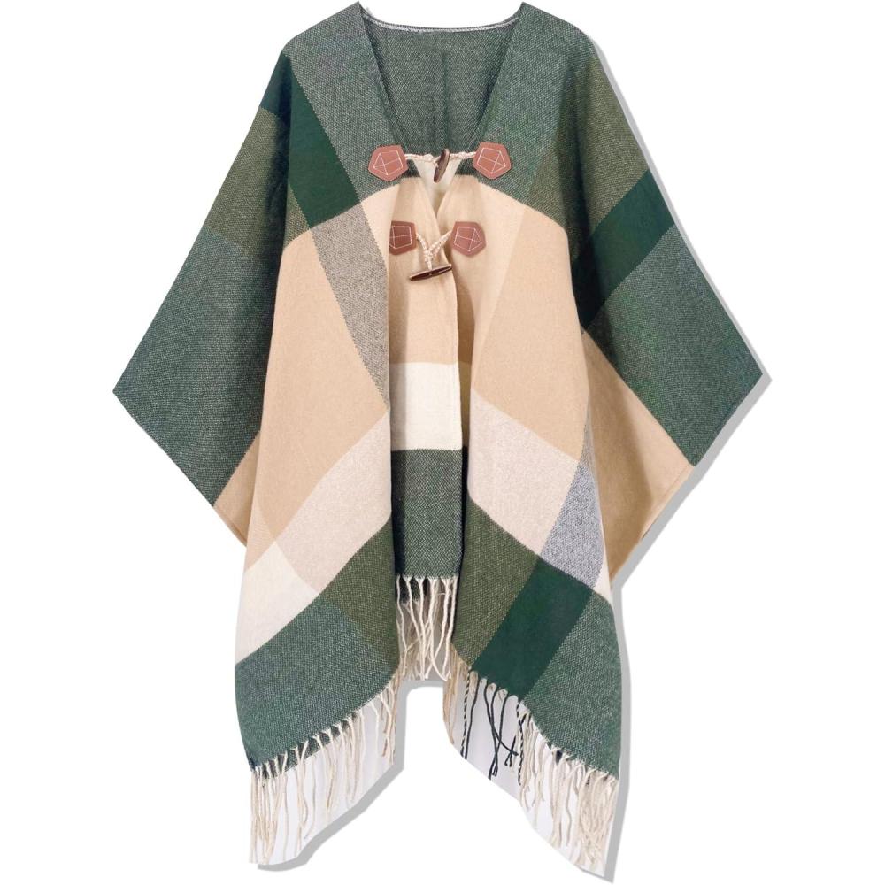 imageMoss Rose Womens Travel Plaid Shawl Wrap Open Front Poncho Cape for Fall WinterGreen Plaid