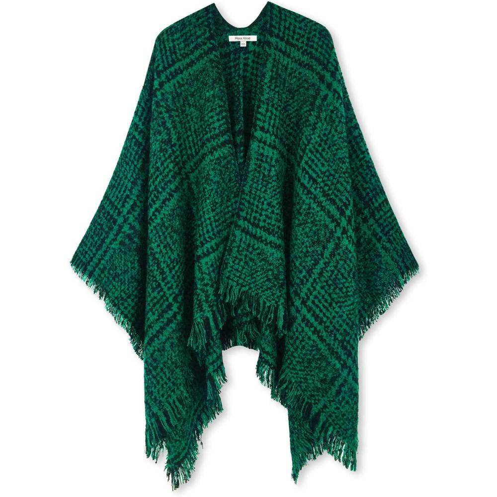 imageMoss Rose Womens Travel Plaid Shawl Wrap Open Front Poncho Cape for Fall WinterQ Green Checks