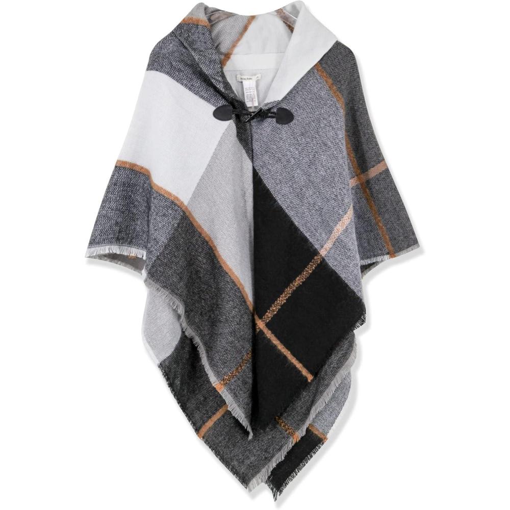 imageMoss Rose Womens Travel Plaid Shawl Wrap Open Front Poncho Cape for Fall WinterRaincloud