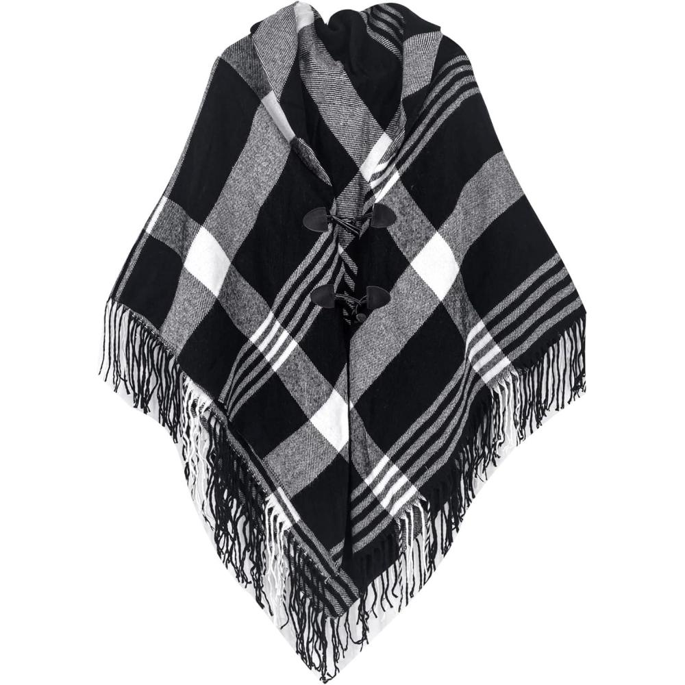 imageMoss Rose Womens Travel Plaid Shawl Wrap Open Front Poncho Cape for Fall WinterWhite Black