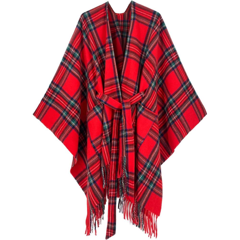 imageMoss Rose Womens Travel Plaid Shawl Wrap Open Front Poncho Cape for Fall WinterZ Plaid Red