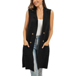 Moss Rose Sleeveless Cardigans for Women Open Front Sweaters Vest Lapel Collar Button Down Long Outerwear Coats(Black)