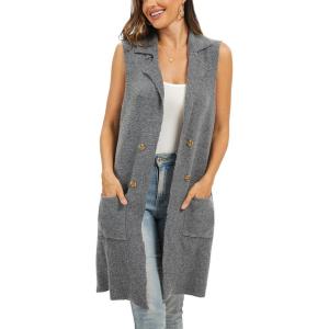 Moss Rose Sleeveless Cardigans for Women Open Front Sweaters Vest Lapel Collar Button Down Long Outerwear Coats(Grey)
