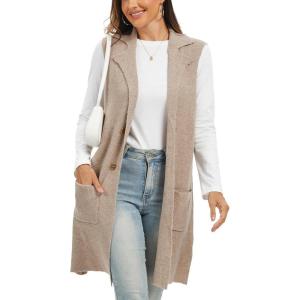 Moss Rose Sleeveless Cardigans for Women Open Front Sweaters Vest Lapel Collar Button Down Long Outerwear Coats(Khaki)